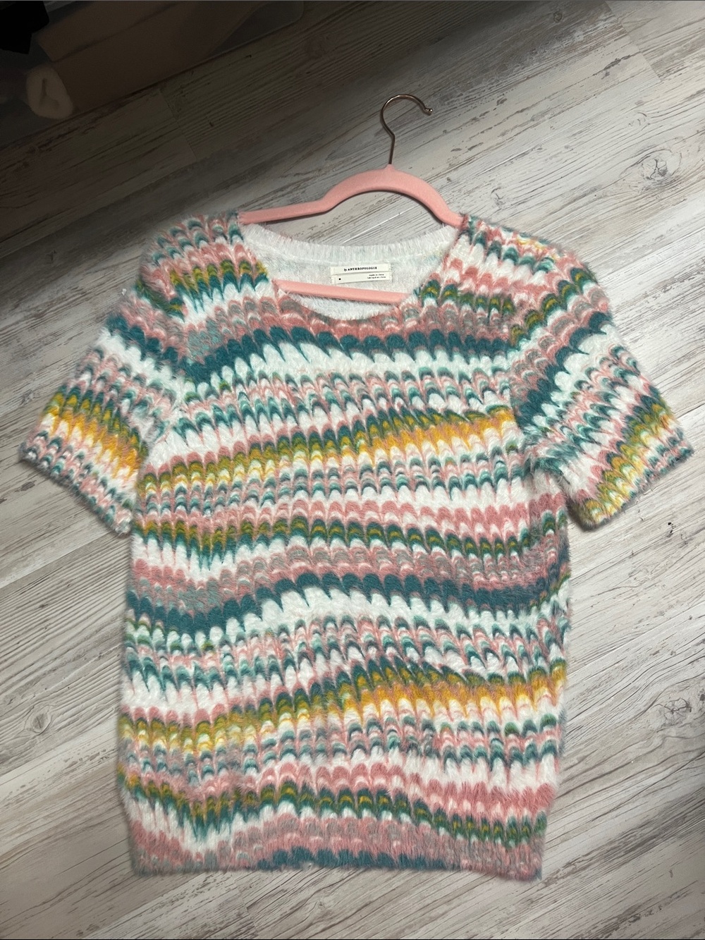 Anthropologie Pink Teal Yellow Chevron Fuzzy Crew Sweater NWOT Sz M SO Soft!!